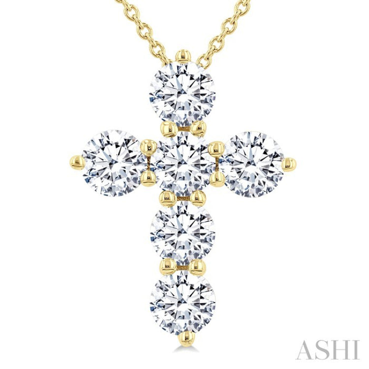 1 1/2 Ctw Round Cut Diamond Christian Cross 6-Stone Fashion Pendant With Chain in 14K Yellow Gold