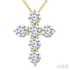 1 1/2 Ctw Round Cut Diamond Christian Cross 6-Stone Fashion Pendant With Chain in 14K Yellow Gold