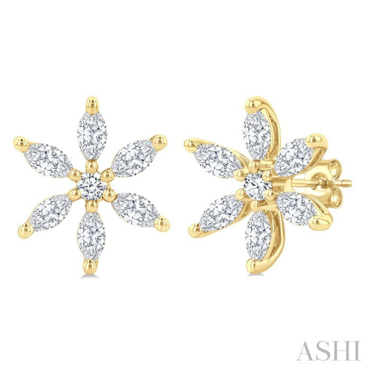 3/8 Ctw Floral Motif Marquise and Round Cut Diamond Fashion Stud Earring in 14K Yellow Gold