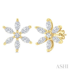 3/8 Ctw Floral Motif Marquise and Round Cut Diamond Fashion Stud Earring in 14K Yellow Gold