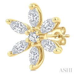 3/8 Ctw Floral Motif Marquise and Round Cut Diamond Fashion Stud Earring in 14K Yellow Gold