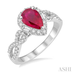 7x5 MM Pear Shape Ruby and 1/2 Ctw Diamond Precious Ring in 14K White Gold
