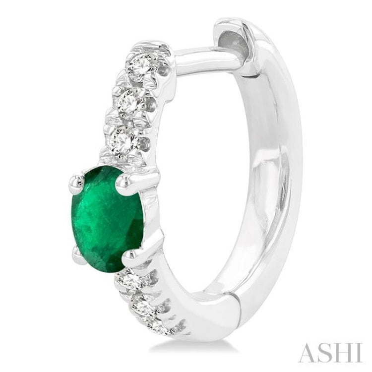 4X3 MM Oval Cut Emerald and 1/10 Ctw Petite Round Cut Diamond Fashion Huggies in 10K White Gold