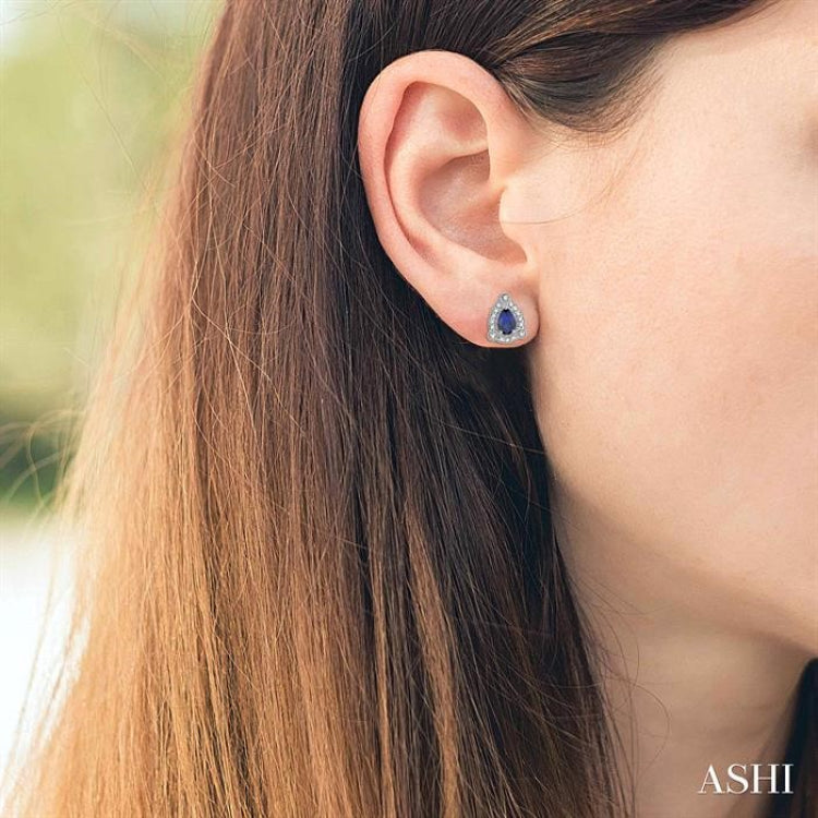 5x3 MM Pear Shape Sapphire and 1/6 Ctw Round Cut Diamond Earrings in 10K White Gold