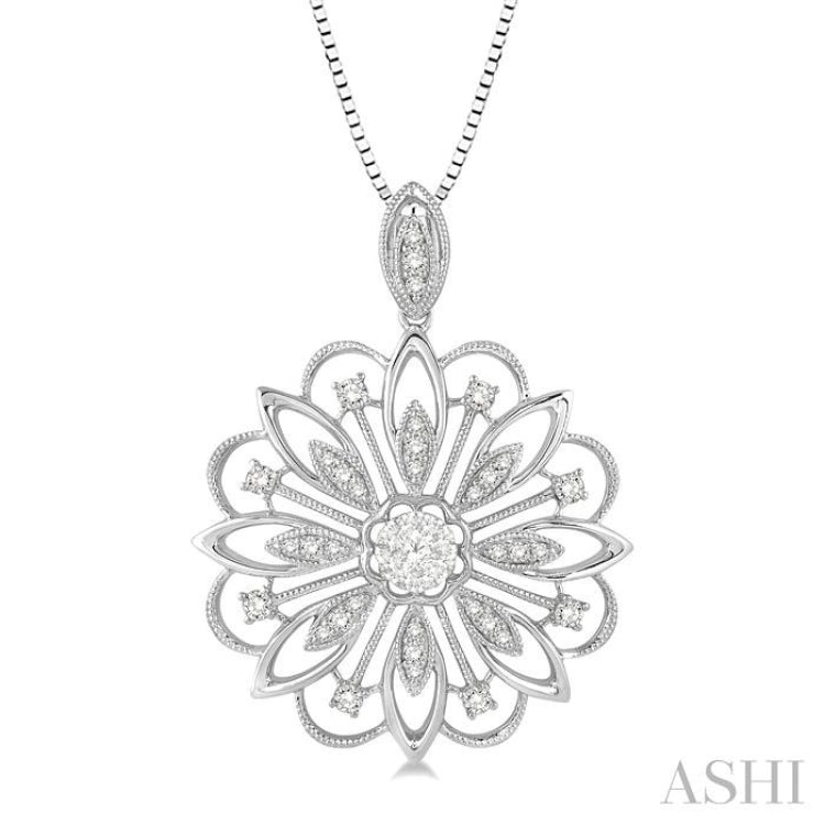 1/3 Ctw Floral Lattice Lovebright Round Cut Diamond Pendant With Chain in 14K White Gold