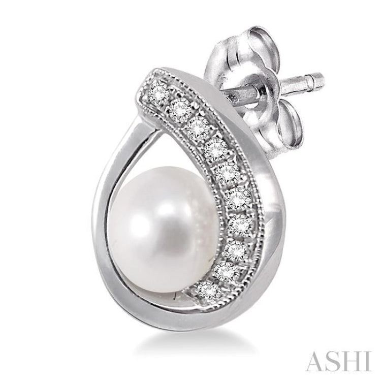 6x6 MM Round Shape Cultured Pearls and 1/10 Ctw Round Cut Diamond Earrings in 14K White Gold