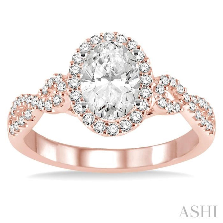 1/4 Ctw Twisted Shank Oval Shape Semi-Mount Round Cut Diamond Engagement Ring in 14K Rose and White Gold