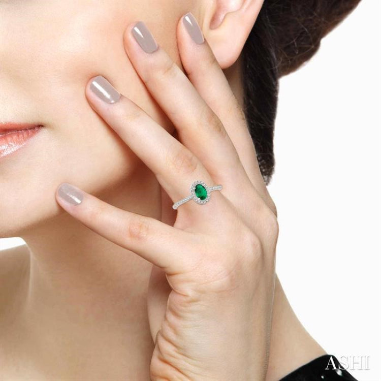 6x4 MM Oval Shape Emerald and 1/10 Ctw Round Cut Diamond Precious Ring in 10K White Gold