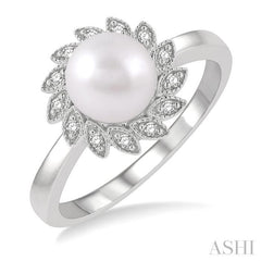 7x7 MM Round Shape Cultured Pearl and 1/10 Ctw Sunflower Round Cut Diamond Ring in 10K White Gold