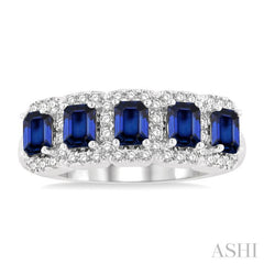 4x3 MM Emerald Shape Sapphire and 1/2 Ctw Round Cut Diamond Precious Wedding Band in 14K White Gold