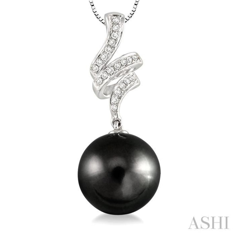 10 MM Black Cultured Pearl and 1/8 Ctw Round Cut Diamond Pendant in 14K White Gold with Chain