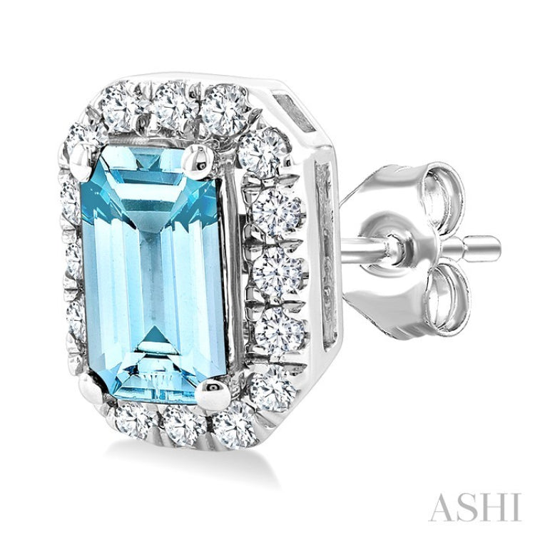 5x3 MM Octagonal Shape Aquamarine and 1/8 Ctw Round Cut Diamond Halo Semi-Precious Stud Earrings in 10K White Gold