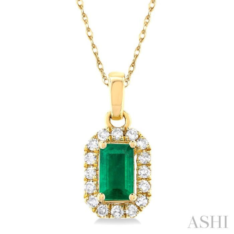 5x3 MM Octagonal Shape Emerald and 1/20 Ctw Single Cut Diamond Halo Precious Pendant with Chain in 10K Yellow Gold
