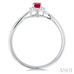 5x3 MM Oval Shape Ruby and 1/20 Ctw Single Cut Diamond Halo Precious Ring in 14K White Gold