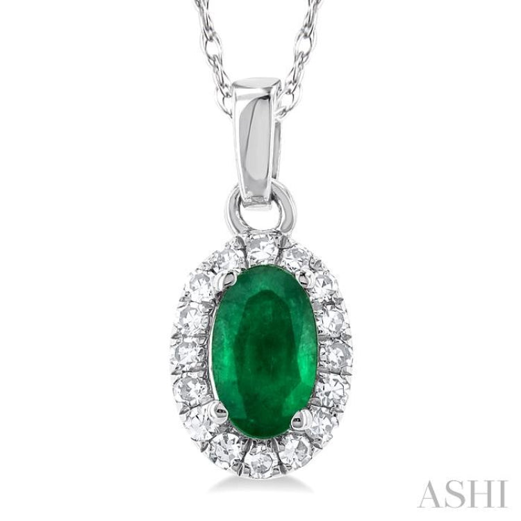 5x3 MM Oval Shape Emerald and 1/20 Ctw Single Cut Diamond Halo Precious Pendant with Chain in 10K White Gold