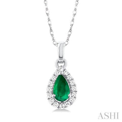 5x3 MM Pear Shape Emerald and 1/20 Ctw Single Cut Diamond Halo Precious Pendant with Chain in 10K White Gold