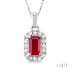 5x3 MM Octagonal Shape Ruby and 1/20 Ctw Single Cut Diamond Halo Precious Pendant with Chain in 10K White Gold