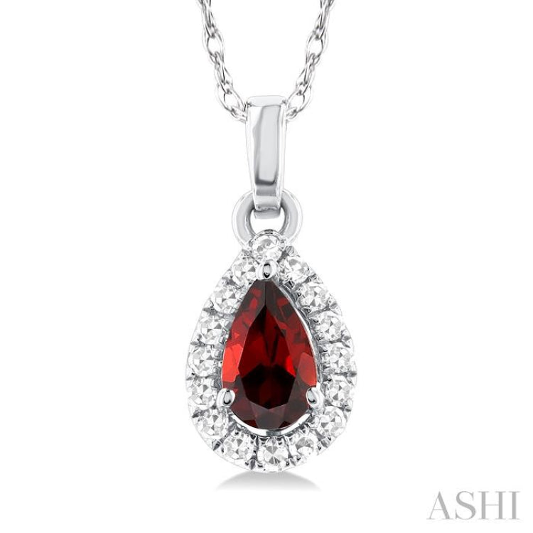 5x3 MM Pear Shape Garnet and 1/20 Ctw Single Cut Diamond Halo Semi-Precious Pendant with Chain in 10K White Gold