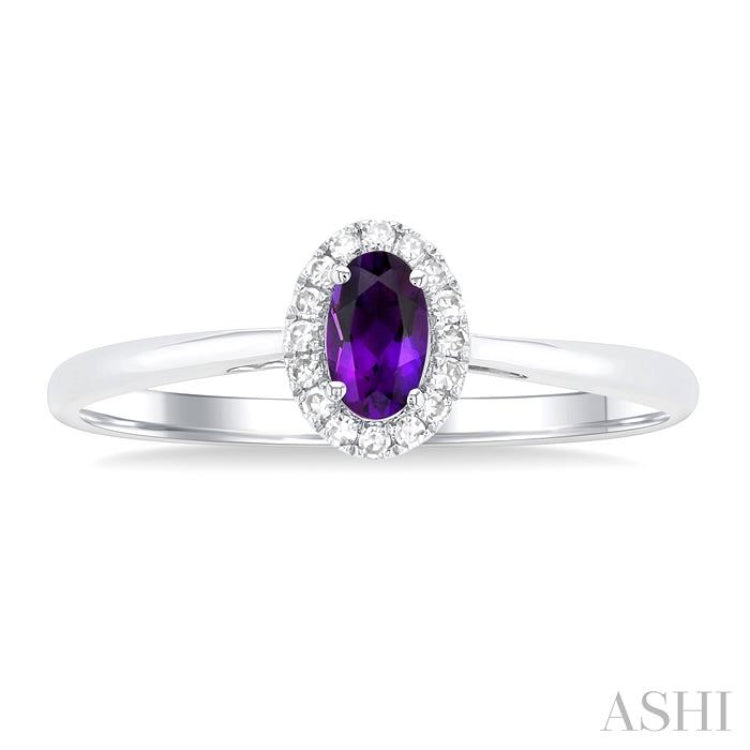 5x3 MM Oval Shape Amethyst and 1/20 Ctw Single Cut Diamond Halo Semi-Precious Ring in 14K White Gold