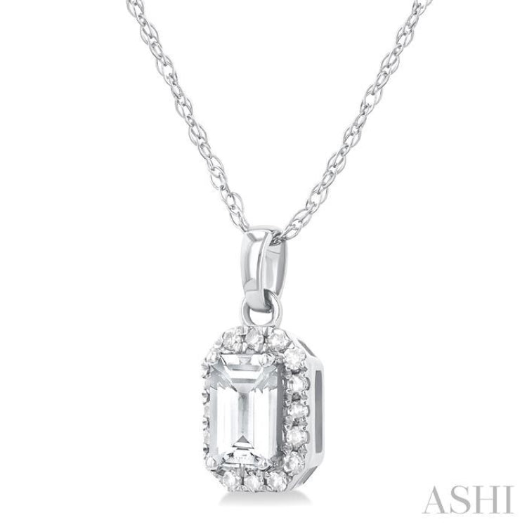 5x3 MM Octagonal Shape White Topaz and 1/20 Ctw Single Cut Diamond Halo Semi-Precious Pendant with Chain in 10K White Gold
