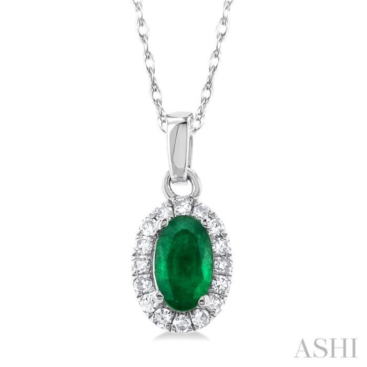 5x3 MM Oval Shape Emerald and 1/20 Ctw Single Cut Diamond Halo Precious Pendant with Chain in 14K White Gold
