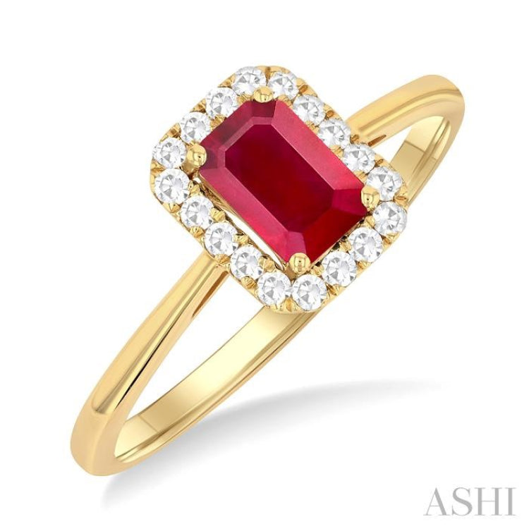 6x4 MM Octagonal Shape Ruby and 1/6 Ctw Round Cut Diamond Halo Precious Ring in 10K Yellow Gold
