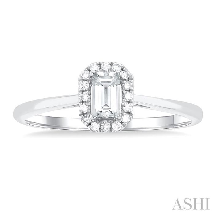 5x3 MM Octagonal Shape White Topaz and 1/20 Ctw Single Cut Diamond Halo Semi-Precious Ring in 10K White Gold