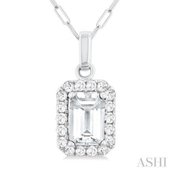6x4 MM Octagonal Shape White Topaz and 1/6 Ctw Round Cut Diamond Halo Semi-Precious Pendant with Chain in 14K White Gold