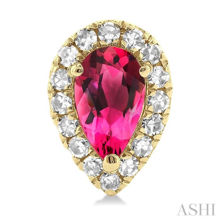 5x3 MM Pear Shape Pink Tourmaline and 1/8 Ctw Single Cut Diamond Halo Semi-Precious Stud Earrings in 10K Yellow Gold