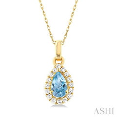 5x3 MM Pear Shape Aquamarine and 1/20 Ctw Single Cut Diamond Halo Semi-Precious Pendant with Chain in 10K Yellow Gold