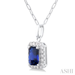 6x4 MM Octagonal Shape Sapphire and 1/6 Ctw Round Cut Diamond Halo Precious Pendant with Chain in 10K White Gold