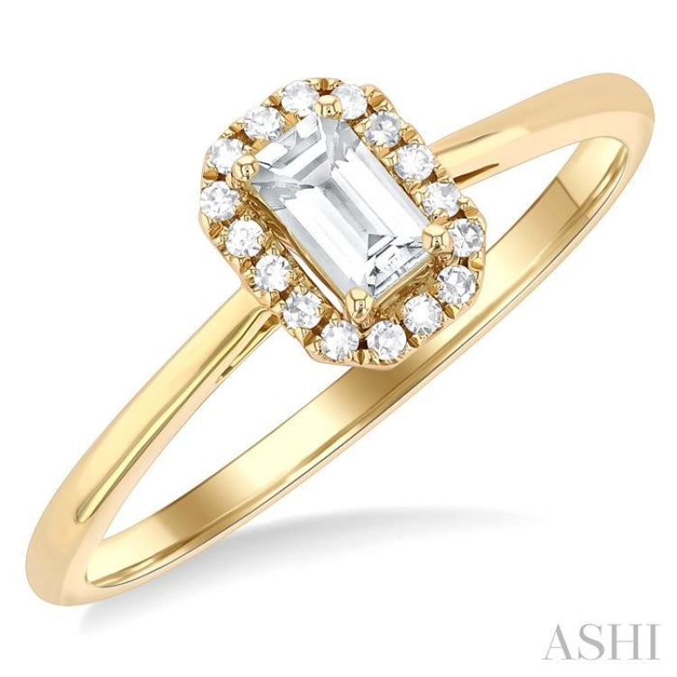 5x3 MM Octagonal Shape White Topaz and 1/20 Ctw Single Cut Diamond Halo Semi-Precious Ring in 10K Yellow Gold