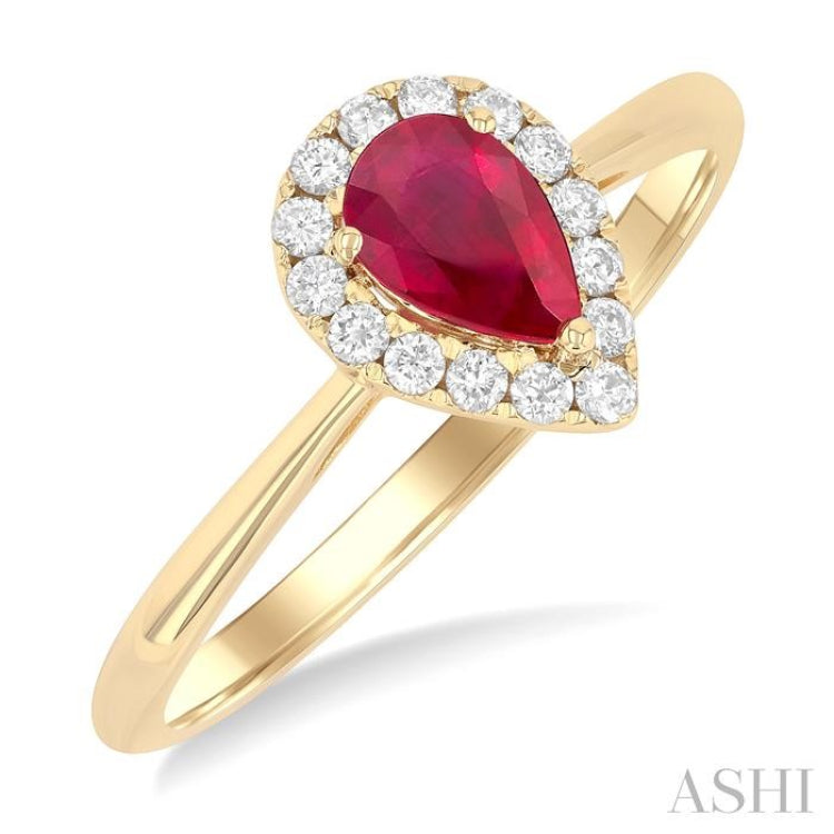 6x4 MM Pear Shape Ruby and 1/6 Ctw Round Cut Diamond Halo Precious Ring in 14K Yellow Gold