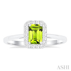 6x4 MM Octagonal Shape Peridot and 1/6 Ctw Round Cut Diamond Halo Semi-Precious Ring in 10K White Gold