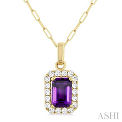 6x4 MM Octagonal Shape Amethyst and 1/6 Ctw Round Cut Diamond Halo Semi-Precious Pendant with Chain in 10K Yellow Gold
