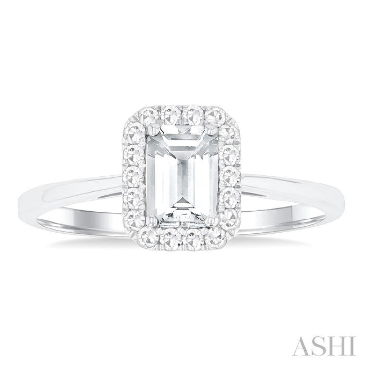 6x4 MM Octagonal Shape White Topaz and 1/6 Ctw Round Cut Diamond Halo Semi-Precious Ring in 10K White Gold
