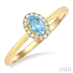 5x3 MM Oval Shape Aquamarine and 1/20 Ctw Single Cut Diamond Halo Semi-Precious Ring in 10K Yellow Gold