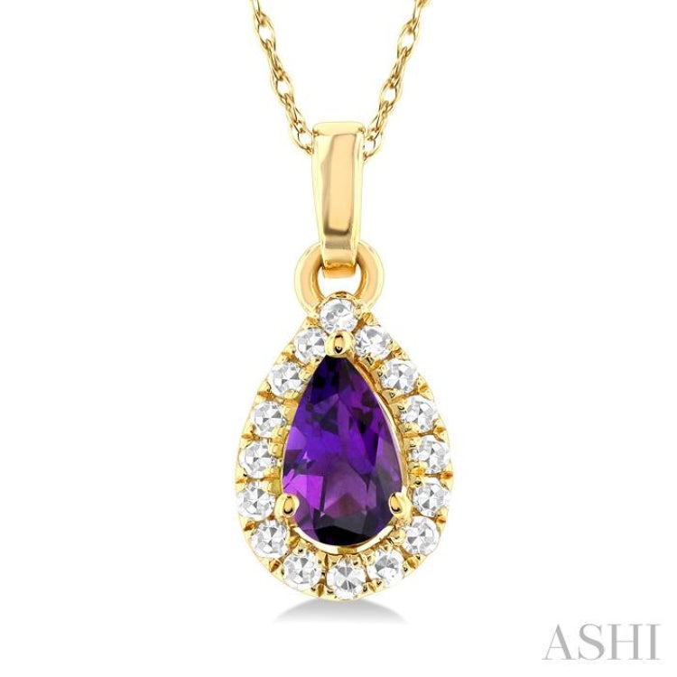 5x3 MM Pear Shape Amethyst and 1/20 Ctw Single Cut Diamond Halo Semi-Precious Pendant with Chain in 14K Yellow Gold