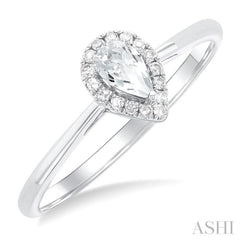 5x3 MM Pear Shape White Topaz and 1/20 Ctw Single Cut Diamond Halo Semi-Precious Ring in 14K White Gold