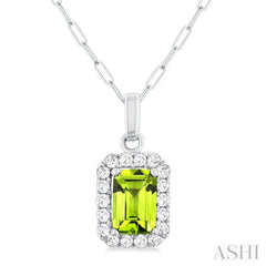 6x4 MM Octagonal Shape Peridot and 1/6 Ctw Round Cut Diamond Halo Semi-Precious Pendant with Chain in 10K White Gold