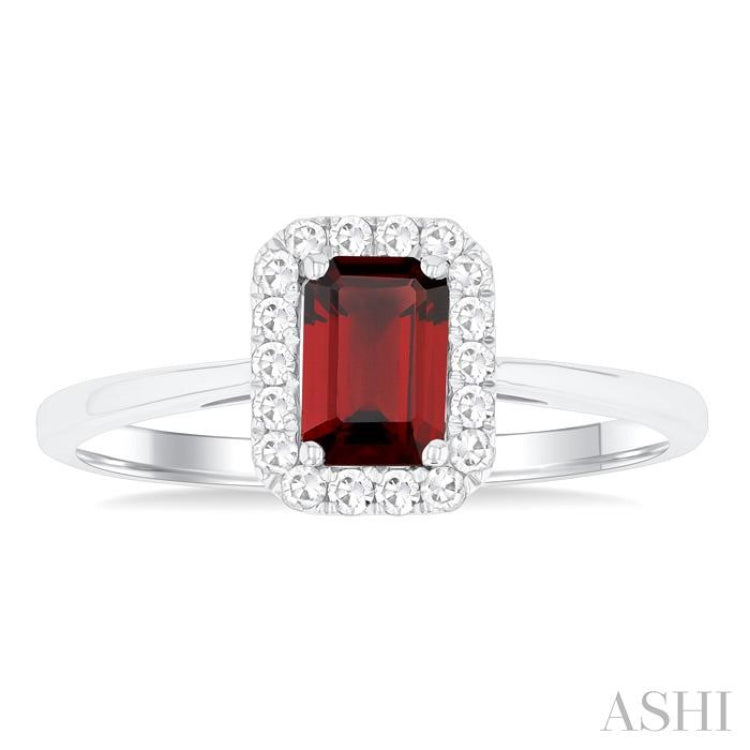 6x4 MM Octagonal Shape Garnet and 1/6 Ctw Round Cut Diamond Halo Semi-Precious Ring in 10K White Gold