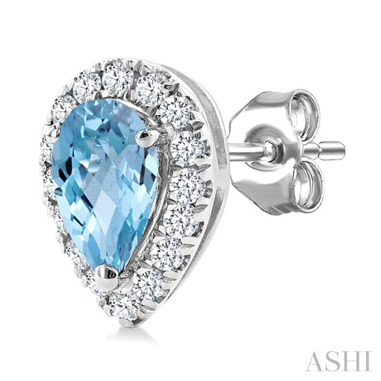 5x3 MM Pear Shape Aquamarine and 1/8 Ctw Round Cut Diamond Halo Semi-Precious Stud Earrings in 14K White Gold
