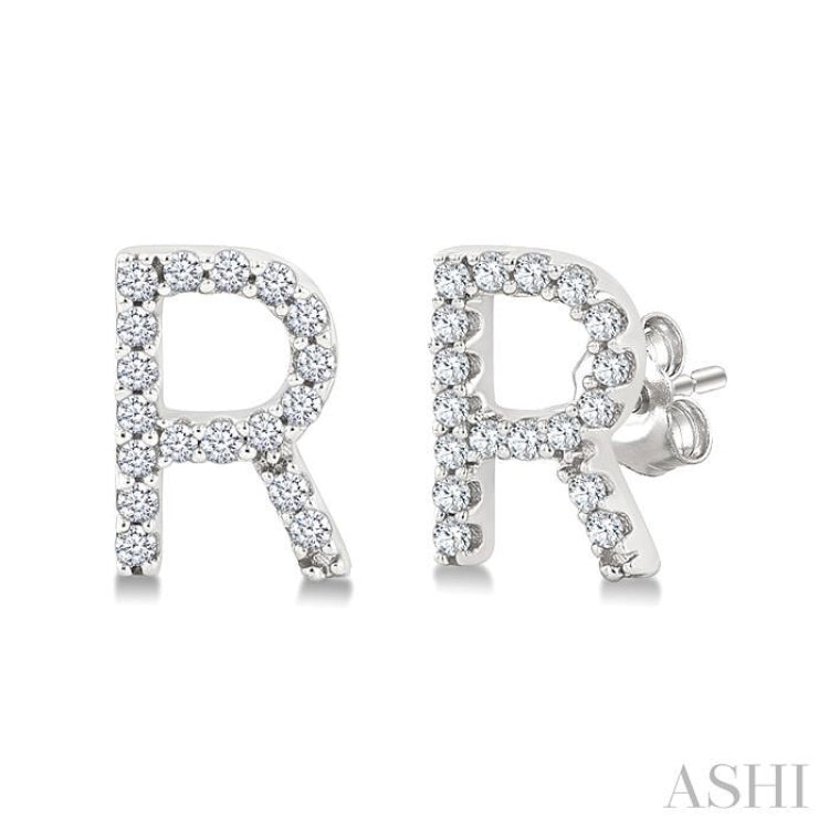1/10 Ctw Initial'R' Round Cut Diamond Earrings in 10K White Gold
