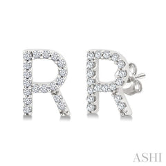 1/10 Ctw Initial'R' Round Cut Diamond Earrings in 10K White Gold