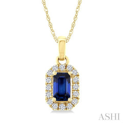 5x3 MM Octagonal Shape Sapphire and 1/20 Ctw Round Cut Diamond Halo Precious Pendant with Chain in 14K Yellow Gold