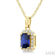 5x3 MM Octagonal Shape Sapphire and 1/20 Ctw Round Cut Diamond Halo Precious Pendant with Chain in 14K Yellow Gold