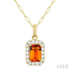 6x4 MM Octagonal Shape Citrine and 1/6 Ctw Round Cut Diamond Halo Semi-Precious Pendant with Chain in 10K Yellow Gold