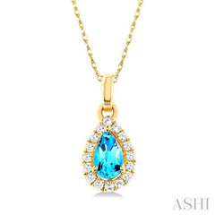 5x3 MM Pear Shape Blue Topaz and 1/20 Ctw Single Cut Diamond Halo Semi-Precious Pendant with Chain in 10K Yellow Gold