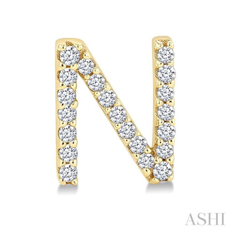 1/8 Ctw Initial 'N' Round Cut Diamond Earrings in 10K Yellow Gold