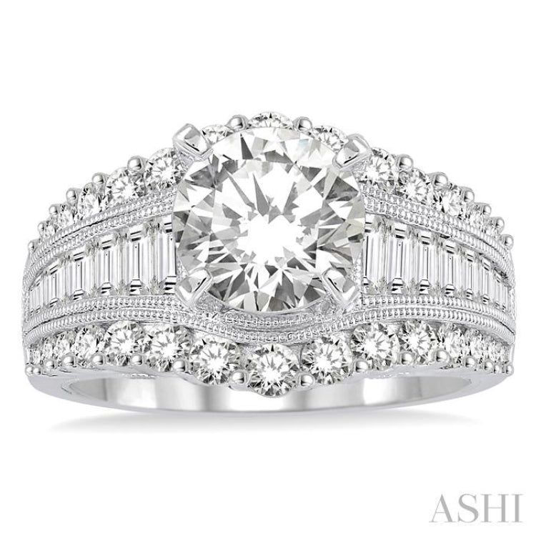 1 1/2 Ctw Baguette and Round Cut Diamond Round Shape Semi-Mount Engagement Ring in 14K White Gold